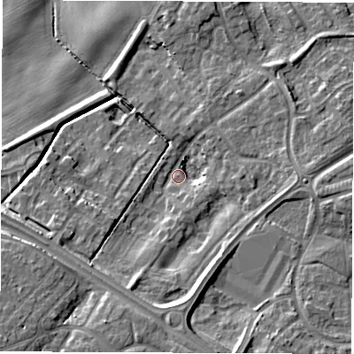 Shaded relief map of the ground around NE259XT, computed from Environment Agency LiDAR. The ground here sits at about 36 m above sea level and falls 17 m across the surrounding 800 m. Surface water reaching this point runs off ground lying to the south-south-east, 12.0 m higher.