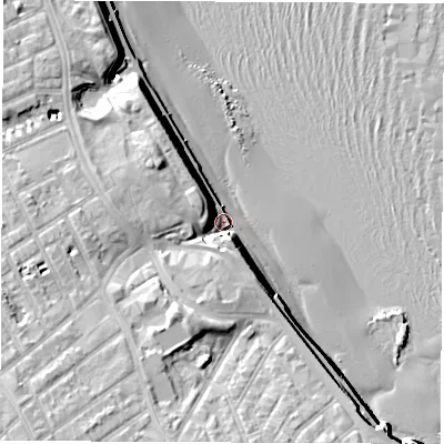 Shaded relief map of the ground around NE261BQ, computed from Environment Agency LiDAR. The ground here sits at about 6 m above sea level and falls 25 m across the surrounding 800 m. Surface water reaching this point runs off ground lying to the south-west, 19.0 m higher.