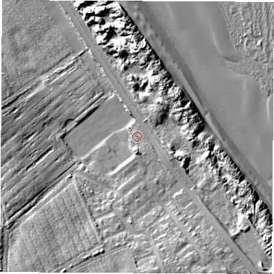 Shaded relief map of the ground around NE264JZ, computed from Environment Agency LiDAR. The ground here sits at about 7 m above sea level and falls 24 m across the surrounding 800 m. Surface water reaching this point runs off ground lying to the south-south-west, 14.4 m higher.