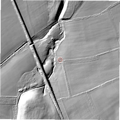 Shaded relief map of the ground around NE264PU, computed from Environment Agency LiDAR. The ground here sits at about 15 m above sea level and falls 23 m across the surrounding 800 m. Surface water reaching this point runs off ground lying to the south-east, 11.9 m higher.