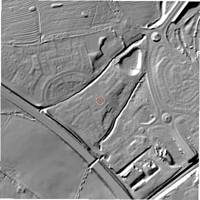 Shaded relief map of the ground around NE270GN, computed from Environment Agency LiDAR. The ground here sits at about 64 m above sea level and falls 17 m across the surrounding 800 m. The ground contributing surface water to this point lies to the east-north-east.