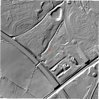 Shaded relief map of the ground around NE270GW, computed from Environment Agency LiDAR. The ground here sits at about 63 m above sea level and falls 18 m across the surrounding 800 m. Surface water reaching this point runs off ground lying to the south-south-east, 11.1 m higher.