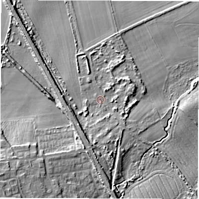 Shaded relief map of the ground around NE270HZ, computed from Environment Agency LiDAR. The ground here sits at about 47 m above sea level and falls 18 m across the surrounding 800 m. Surface water reaching this point runs off ground lying to the south, 7.8 m higher.
