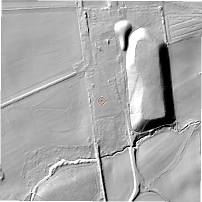 Shaded relief map of the ground around NE270JW, computed from Environment Agency LiDAR. The ground here sits at about 46 m above sea level and falls 19 m across the surrounding 800 m. The ground contributing surface water to this point lies to the east-north-east.