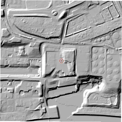 Shaded relief map of the ground around NE280PB, computed from Environment Agency LiDAR. The ground here sits at about 21 m above sea level and falls 35 m across the surrounding 800 m. Surface water reaching this point runs off ground lying to the north-east, 6.2 m higher.