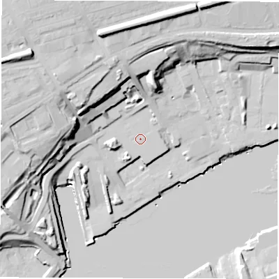Shaded relief map of the ground around NE286EQ, computed from Environment Agency LiDAR. The ground here sits at about 7 m above sea level and falls 37 m across the surrounding 800 m. Surface water reaching this point runs off ground lying to the north-west, 16.7 m higher.