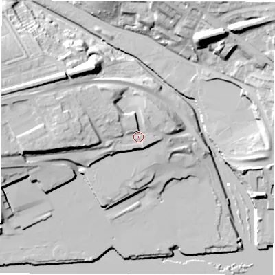Shaded relief map of the ground around NE286HA, computed from Environment Agency LiDAR. The ground here sits at about 14 m above sea level and falls 30 m across the surrounding 800 m. Surface water reaching this point runs off ground lying to the west, 8.9 m higher.