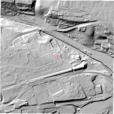 Shaded relief map of the ground around NE286QB, computed from Environment Agency LiDAR. The ground here sits at about 19 m above sea level and falls 34 m across the surrounding 800 m. Surface water reaching this point runs off ground lying to the west, 8.8 m higher.