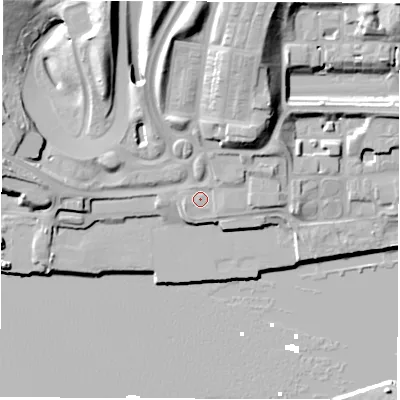 Shaded relief map of the ground around NE286SG, computed from Environment Agency LiDAR. The ground here sits at about 8 m above sea level and falls 27 m across the surrounding 800 m. Surface water reaching this point runs off ground lying to the north-east, 11.3 m higher.