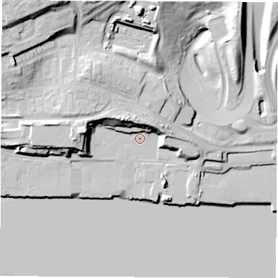 Shaded relief map of the ground around NE286TT, computed from Environment Agency LiDAR. The ground here sits at about 5 m above sea level and falls 30 m across the surrounding 800 m. Surface water reaching this point runs off ground lying to the north-north-west, 12.9 m higher.