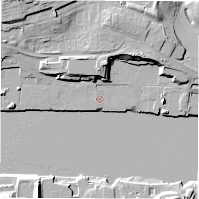 Shaded relief map of the ground around NE286UE, computed from Environment Agency LiDAR. The ground here sits at about 4 m above sea level and falls 25 m across the surrounding 800 m. Surface water reaching this point runs off ground lying to the north-north-east, 15.1 m higher.