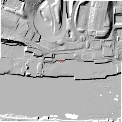 Shaded relief map of the ground around NE286UL, computed from Environment Agency LiDAR. The ground here sits at about 5 m above sea level and falls 26 m across the surrounding 800 m. Surface water reaching this point runs off ground lying to the north-north-east, 21.8 m higher.