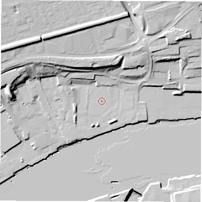 Shaded relief map of the ground around NE286UZ, computed from Environment Agency LiDAR. The ground here sits at about 5 m above sea level and falls 37 m across the surrounding 800 m. Surface water reaching this point runs off ground lying to the south-south-west, 4.7 m higher.
