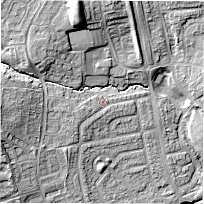 Shaded relief map of the ground around NE288AG, computed from Environment Agency LiDAR. The ground here sits at about 43 m above sea level and falls 23 m across the surrounding 800 m. Surface water reaching this point runs off ground lying to the west-south-west, 2.2 m higher.