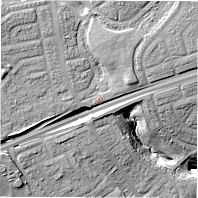 Shaded relief map of the ground around NE288DA, computed from Environment Agency LiDAR. The ground here sits at about 37 m above sea level and falls 27 m across the surrounding 800 m. Surface water reaching this point runs off ground lying to the north-east, 13.2 m higher.