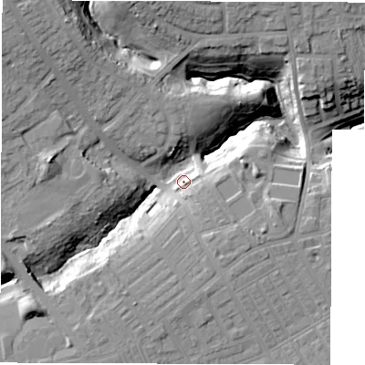 Shaded relief map of the ground around NE288DE, computed from Environment Agency LiDAR. The ground here sits at about 25 m above sea level and falls 24 m across the surrounding 800 m. Surface water reaching this point runs off ground lying to the south-east, 7.1 m higher.
