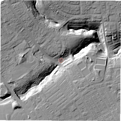 Shaded relief map of the ground around NE288DG, computed from Environment Agency LiDAR. The ground here sits at about 22 m above sea level and falls 23 m across the surrounding 800 m. Surface water reaching this point runs off ground lying to the north-west, 22.5 m higher.