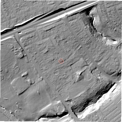 Shaded relief map of the ground around NE288DX, computed from Environment Agency LiDAR. The ground here sits at about 32 m above sea level and falls 23 m across the surrounding 800 m. Surface water reaching this point runs off ground lying to the north-west, 3.7 m higher.