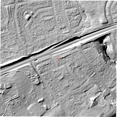 Shaded relief map of the ground around NE288EA, computed from Environment Agency LiDAR. The ground here sits at about 35 m above sea level and falls 22 m across the surrounding 800 m. Surface water reaching this point runs off ground lying to the north-west, 13.9 m higher.