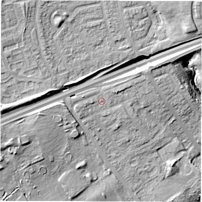 Shaded relief map of the ground around NE288EB, computed from Environment Agency LiDAR. The ground here sits at about 35 m above sea level and falls 22 m across the surrounding 800 m. Surface water reaching this point runs off ground lying to the west-south-west, 1.6 m higher.
