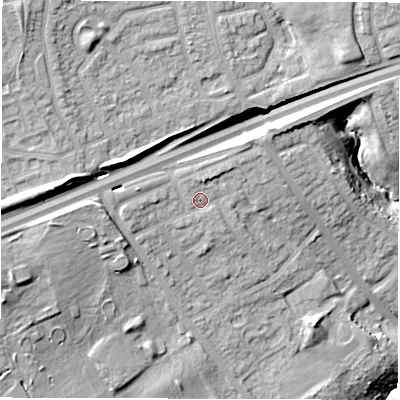 Shaded relief map of the ground around NE288EE, computed from Environment Agency LiDAR. The ground here sits at about 35 m above sea level and falls 23 m across the surrounding 800 m. Surface water reaching this point runs off ground lying to the north-west, 13.8 m higher.