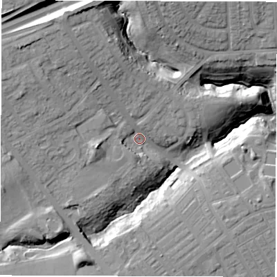 Shaded relief map of the ground around NE288EJ, computed from Environment Agency LiDAR. The ground here sits at about 26 m above sea level and falls 24 m across the surrounding 800 m. Surface water reaching this point runs off ground lying to the north-north-west, 11.9 m higher.