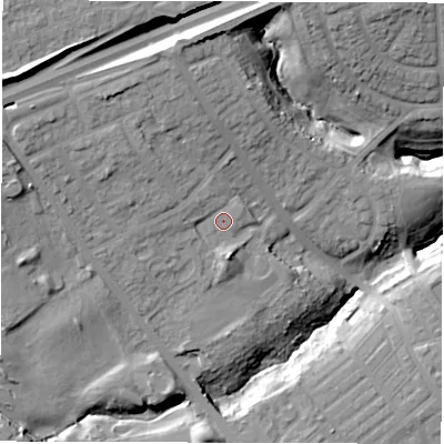 Shaded relief map of the ground around NE288EL, computed from Environment Agency LiDAR. The ground here sits at about 30 m above sea level and falls 26 m across the surrounding 800 m. Surface water reaching this point runs off ground lying to the west-north-west, 1.8 m higher.