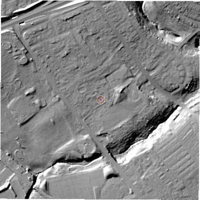 Shaded relief map of the ground around NE288EP, computed from Environment Agency LiDAR. The ground here sits at about 29 m above sea level and falls 25 m across the surrounding 800 m. Surface water reaching this point runs off ground lying to the north-west, 9.7 m higher.