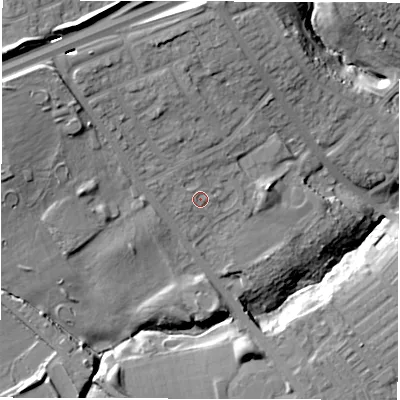 Shaded relief map of the ground around NE288ER, computed from Environment Agency LiDAR. The ground here sits at about 30 m above sea level and falls 23 m across the surrounding 800 m. Surface water reaching this point runs off ground lying to the west-north-west, 9.2 m higher.
