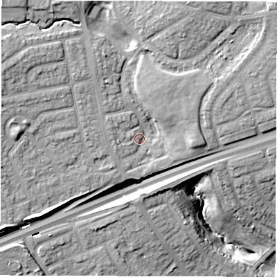 Shaded relief map of the ground around NE288NH, computed from Environment Agency LiDAR. The ground here sits at about 37 m above sea level and falls 24 m across the surrounding 800 m. Surface water reaching this point runs off ground lying to the west, 4.4 m higher.