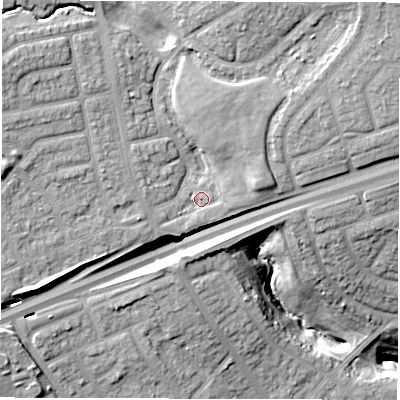 Shaded relief map of the ground around NE288NJ, computed from Environment Agency LiDAR. The ground here sits at about 36 m above sea level and falls 27 m across the surrounding 800 m. Surface water reaching this point runs off ground lying to the north-east, 5.3 m higher.