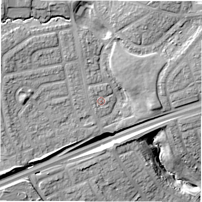 Shaded relief map of the ground around NE288NL, computed from Environment Agency LiDAR. The ground here sits at about 38 m above sea level and falls 24 m across the surrounding 800 m. Surface water reaching this point runs off ground lying to the west, 4.4 m higher.
