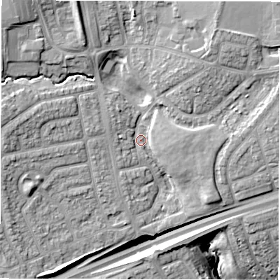 Shaded relief map of the ground around NE288NN, computed from Environment Agency LiDAR. The ground here sits at about 37 m above sea level and falls 23 m across the surrounding 800 m. Surface water reaching this point runs off ground lying to the north-west, 10.6 m higher.