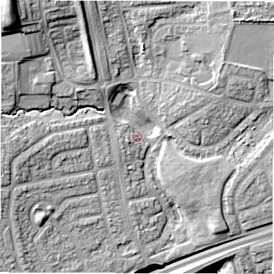 Shaded relief map of the ground around NE288NP, computed from Environment Agency LiDAR. The ground here sits at about 38 m above sea level and falls 28 m across the surrounding 800 m. Surface water reaching this point runs off ground lying to the west, 9.4 m higher.