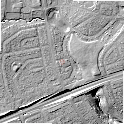 Shaded relief map of the ground around NE288NW, computed from Environment Agency LiDAR. The ground here sits at about 38 m above sea level and falls 24 m across the surrounding 800 m. Surface water reaching this point runs off ground lying to the west-north-west, 7.1 m higher.