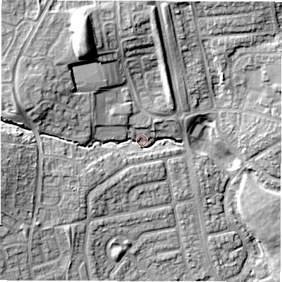 Shaded relief map of the ground around NE288PW, computed from Environment Agency LiDAR. The ground here sits at about 39 m above sea level and falls 18 m across the surrounding 800 m. Surface water reaching this point runs off ground lying to the north-north-west, 14.3 m higher.