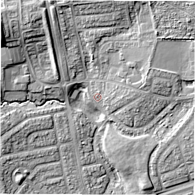 Shaded relief map of the ground around NE289HH, computed from Environment Agency LiDAR. The ground here sits at about 39 m above sea level and falls 16 m across the surrounding 800 m. Surface water reaching this point runs off ground lying to the east-north-east, 6.6 m higher.