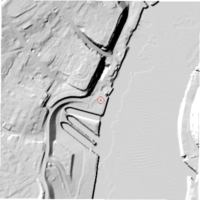 Shaded relief map of the ground around NE296BU, computed from Environment Agency LiDAR. The ground here sits at about 5 m above sea level and falls 34 m across the surrounding 800 m. Surface water reaching this point runs off ground lying to the west, 1.4 m higher.