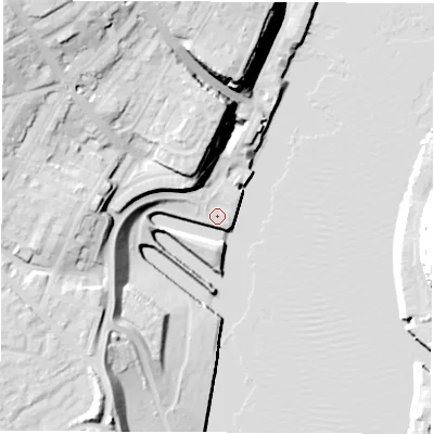 Shaded relief map of the ground around NE296BZ, computed from Environment Agency LiDAR. The ground here sits at about 5 m above sea level and falls 34 m across the surrounding 800 m. Surface water reaching this point runs off ground lying to the north-west, 32.8 m higher.