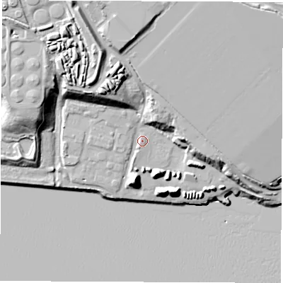 Shaded relief map of the ground around NE296DY, computed from Environment Agency LiDAR. The ground here sits at about 7 m above sea level and falls 26 m across the surrounding 800 m. Surface water reaching this point runs off ground lying to the north-north-west, 19.3 m higher.