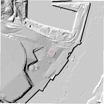 Shaded relief map of the ground around NE296EA, computed from Environment Agency LiDAR. The ground here sits at about 7 m above sea level and falls 23 m across the surrounding 800 m. Surface water reaching this point runs off ground lying to the west-north-west, 12.5 m higher.