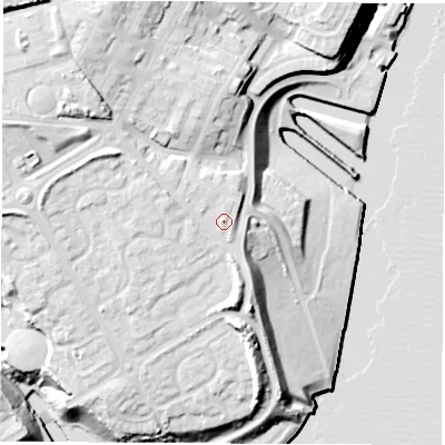Shaded relief map of the ground around NE296EH, computed from Environment Agency LiDAR. The ground here sits at about 19 m above sea level and falls 31 m across the surrounding 800 m. Surface water reaching this point runs off ground lying to the west-north-west, 3.0 m higher.