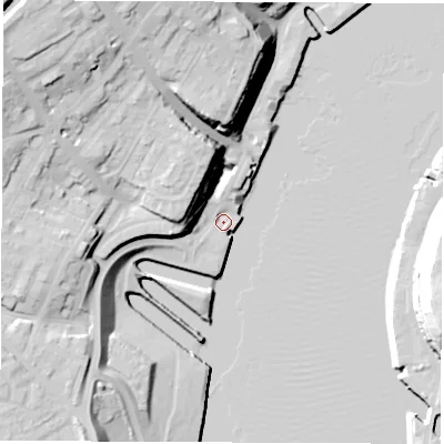 Shaded relief map of the ground around NE296EQ, computed from Environment Agency LiDAR. The ground here sits at about 4 m above sea level and falls 35 m across the surrounding 800 m. Surface water reaching this point runs off ground lying to the west-north-west, 16.3 m higher.