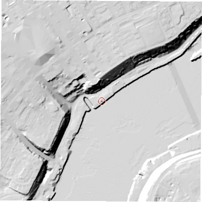 Shaded relief map of the ground around NE296HF, computed from Environment Agency LiDAR. The ground here sits at about 5 m above sea level and falls 39 m across the surrounding 800 m. Surface water reaching this point runs off ground lying to the west, 1.2 m higher.
