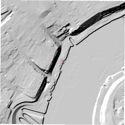 Shaded relief map of the ground around NE296HU, computed from Environment Agency LiDAR. The ground here sits at about 4 m above sea level and falls 38 m across the surrounding 800 m. Surface water reaching this point runs off ground lying to the north-north-west, 34.7 m higher.