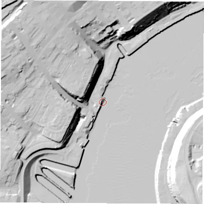 Shaded relief map of the ground around NE296LE, computed from Environment Agency LiDAR. The ground here sits at about 3 m above sea level and falls 36 m across the surrounding 800 m. Surface water reaching this point runs off ground lying to the north-west, 33.9 m higher.