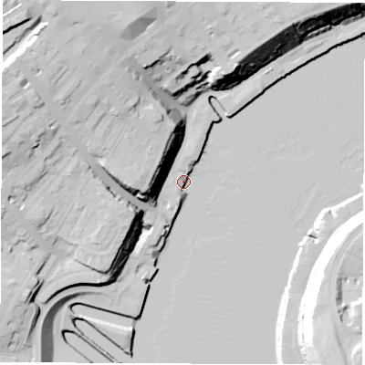 Shaded relief map of the ground around NE296LF, computed from Environment Agency LiDAR. The ground here sits at about 3 m above sea level and falls 36 m across the surrounding 800 m. Surface water reaching this point runs off ground lying to the north-west, 34.3 m higher.