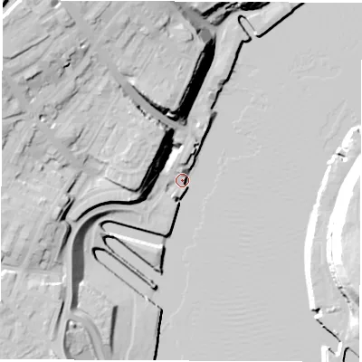 Shaded relief map of the ground around NE296LG, computed from Environment Agency LiDAR. The ground here sits at about 4 m above sea level and falls 35 m across the surrounding 800 m. Surface water reaching this point runs off ground lying to the north-west, 34.0 m higher.
