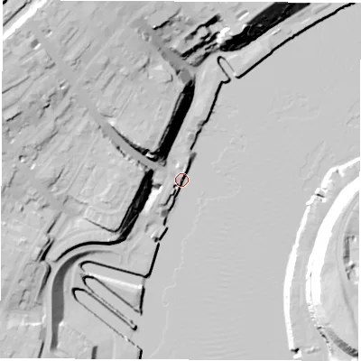 Shaded relief map of the ground around NE296LQ, computed from Environment Agency LiDAR. The ground here sits at about 4 m above sea level and falls 36 m across the surrounding 800 m. Surface water reaching this point runs off ground lying to the north-west, 34.0 m higher.