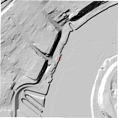Shaded relief map of the ground around NE296LS, computed from Environment Agency LiDAR. The ground here sits at about 5 m above sea level and falls 36 m across the surrounding 800 m. Surface water reaching this point runs off ground lying to the west-north-west, 33.6 m higher.